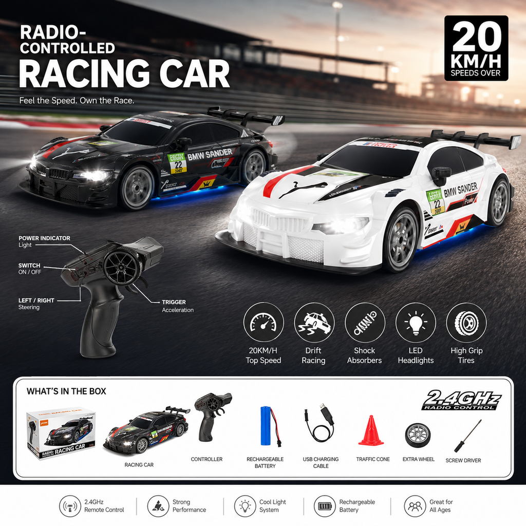 2.4GHz RC Racing Car – 20KM/H Drift Remote Control Car with LED Lights