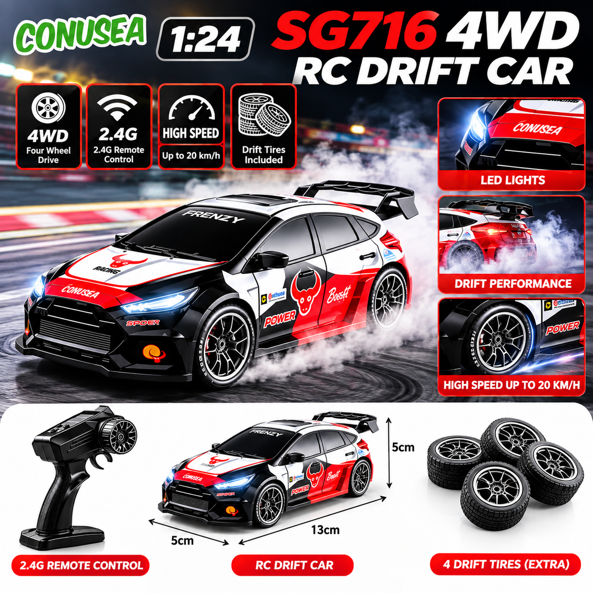 SG716 1:24 4WD RC Drift Car – 20 KM/H High-Speed Racing Toy with 2.4G Remote Control