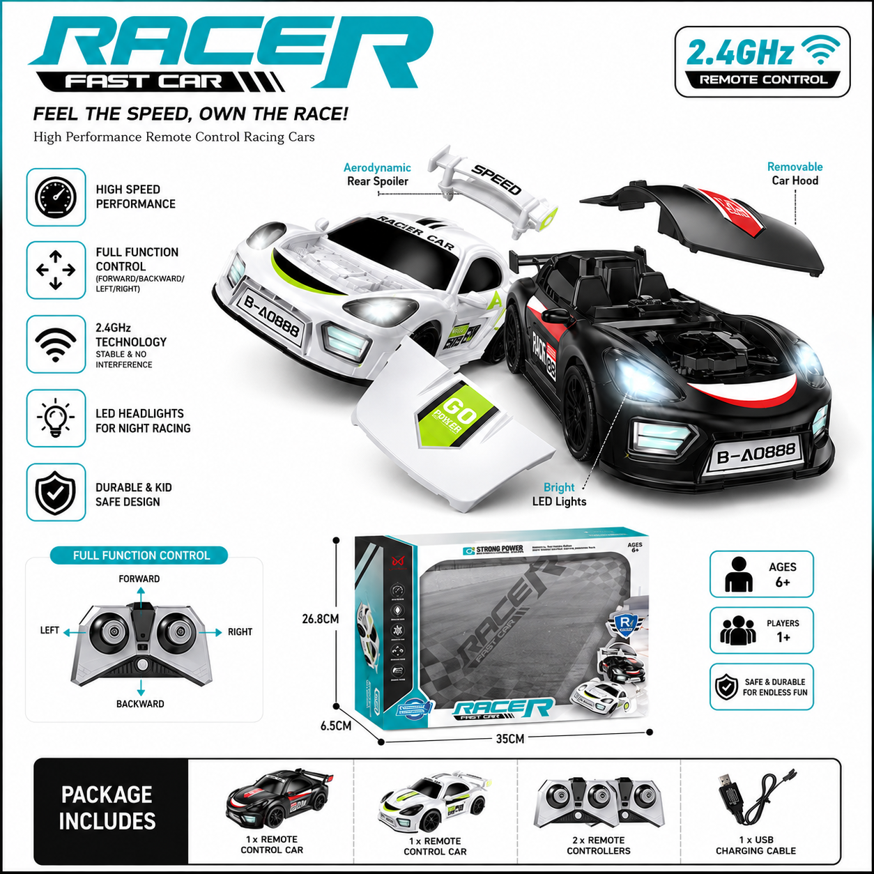 2 Player Racer RC Car Set with LED Lights & 2.4GHz Remote Control