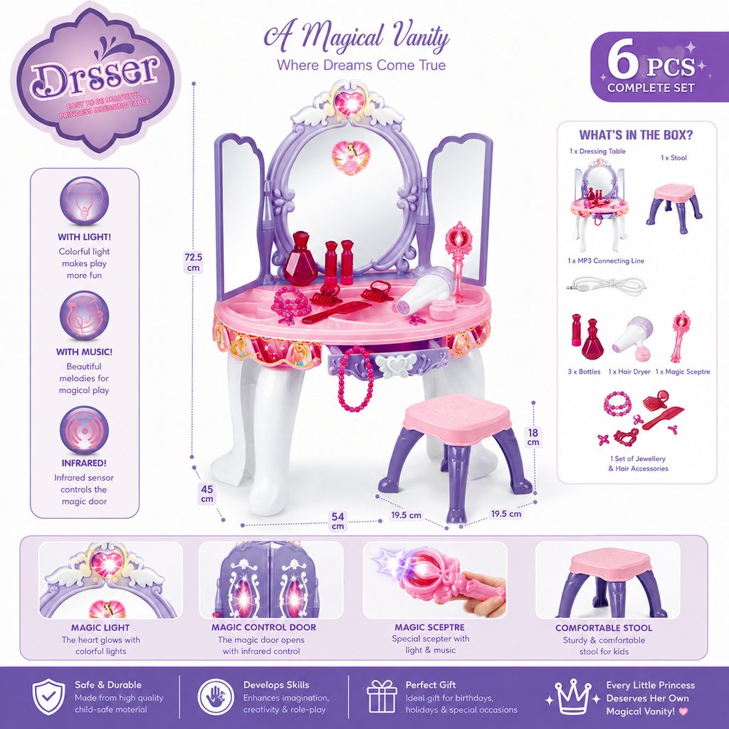 Princess Vanity Dressing Table Set with Lights, Music & Accessories