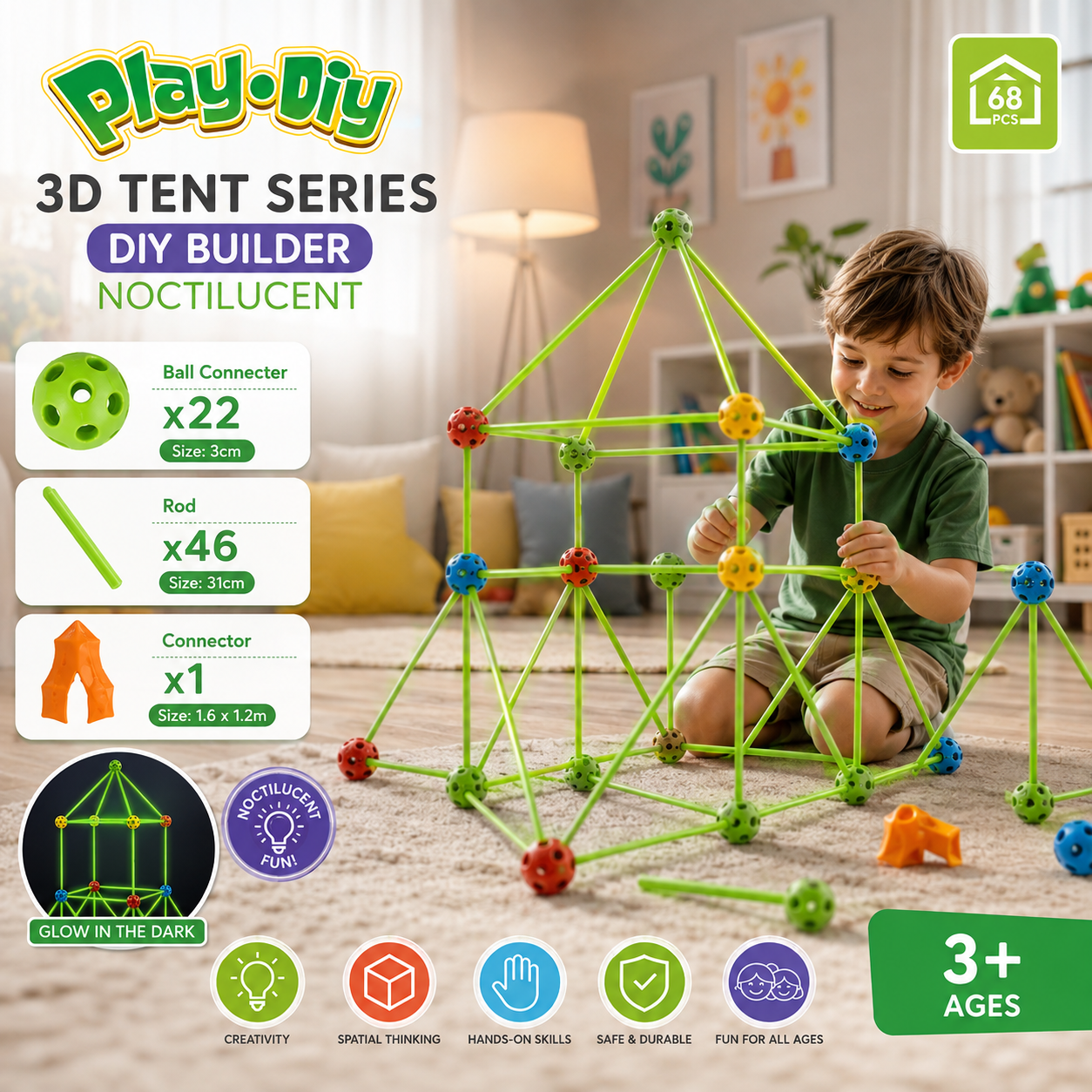 Play-Diy 3D Tent Series DIY Builder  – 68 PCS Glow Construction