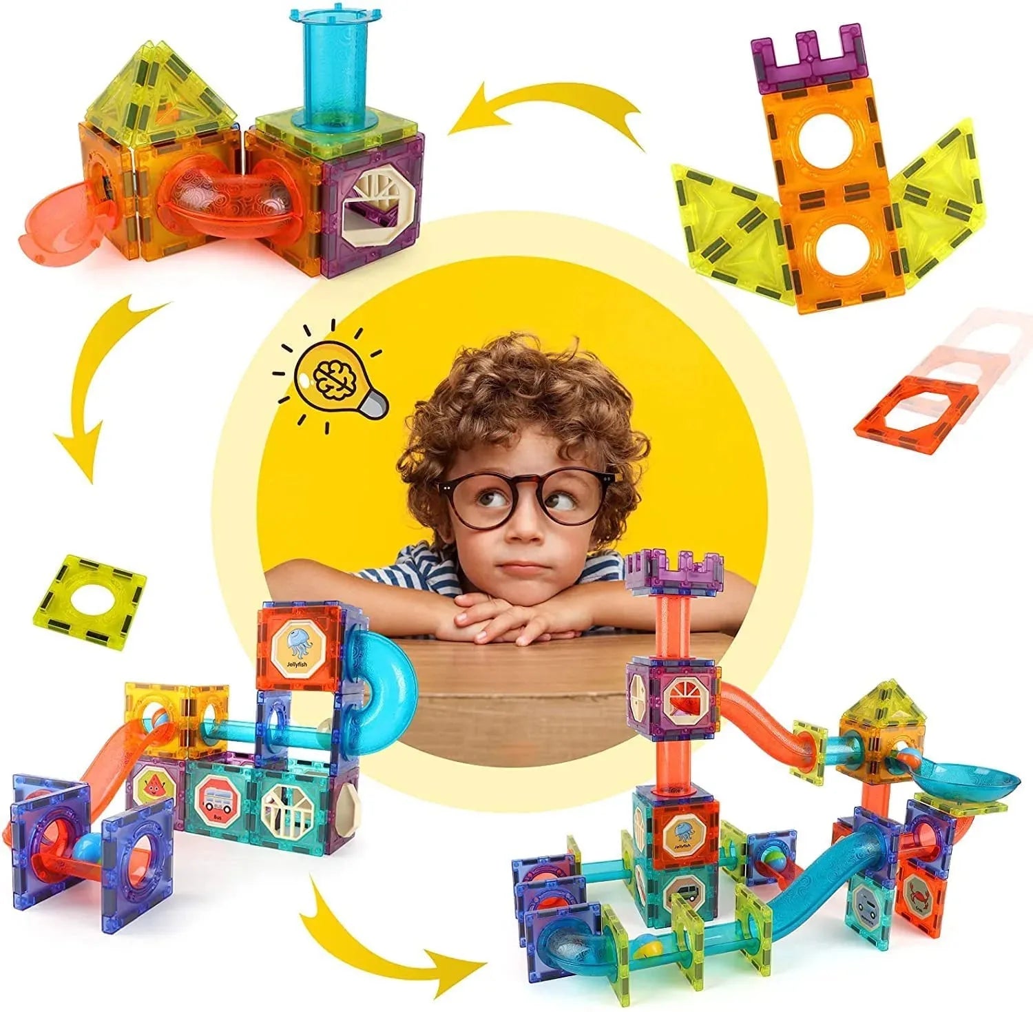 56-Piece DIY Magnetic Building Blocks – Luminous Tiles & Marble Run