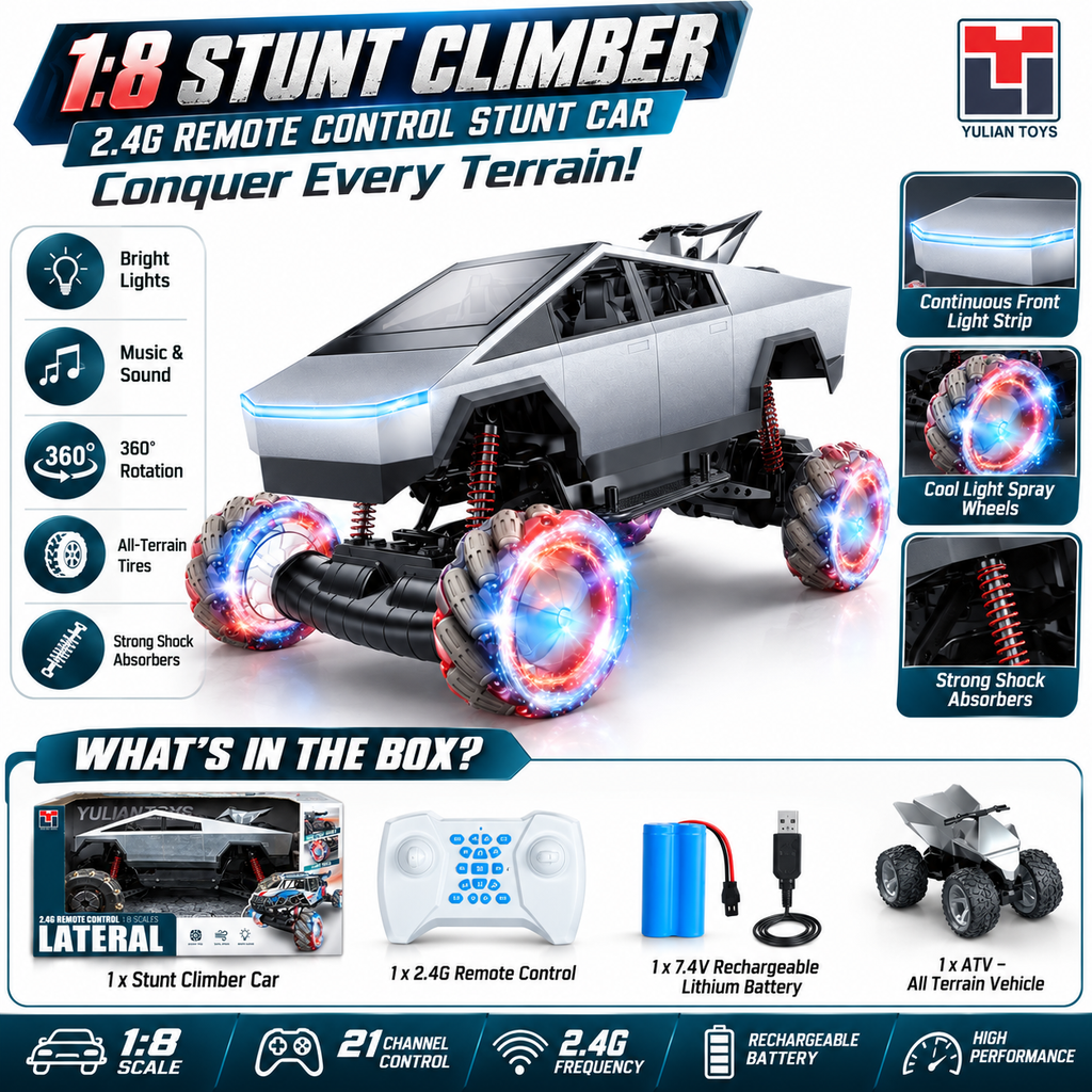 1:8 RC Stunt Climber Car with LED Lights & 360° Drift - 2.4G Remote Control