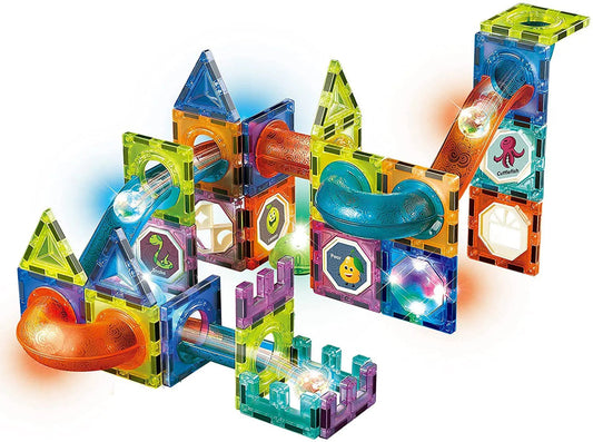 56-Piece DIY Magnetic Building Blocks – Luminous Tiles & Marble Run