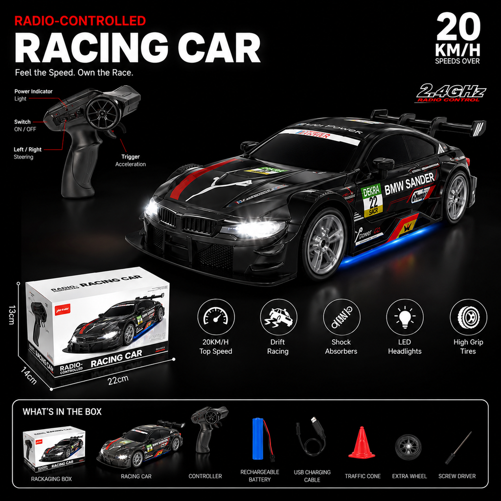 2.4GHz RC Racing Car – 20KM/H Drift Remote Control Car with LED Lights