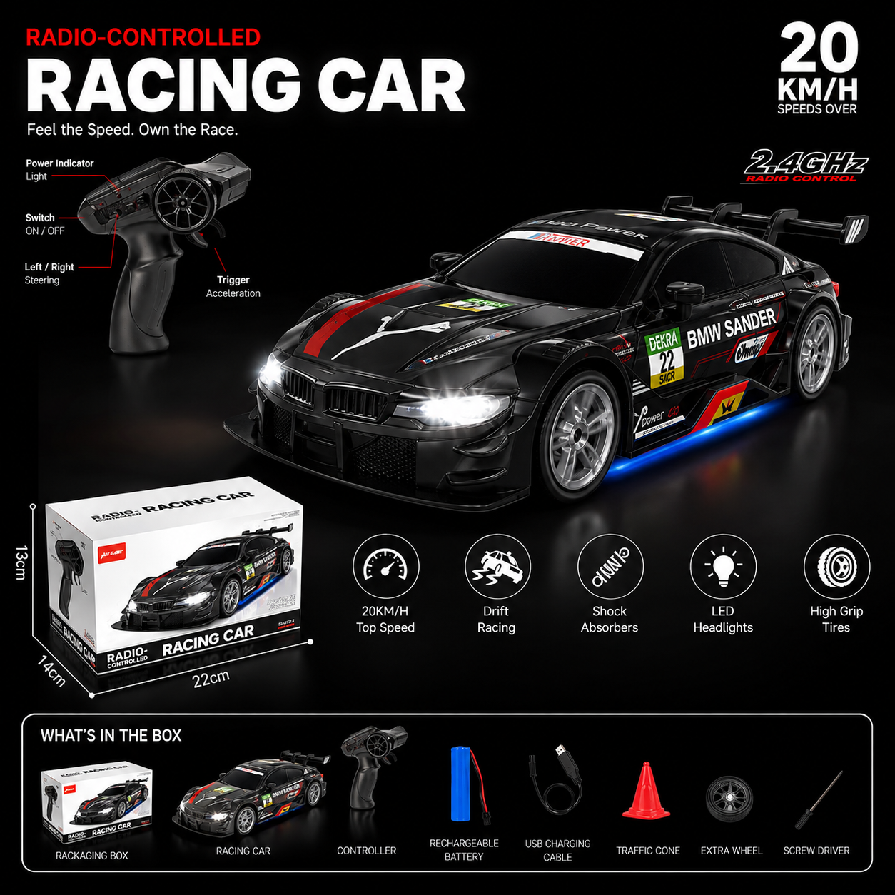 2.4GHz RC Racing Car – 20KM/H Drift Remote Control Car with LED Lights