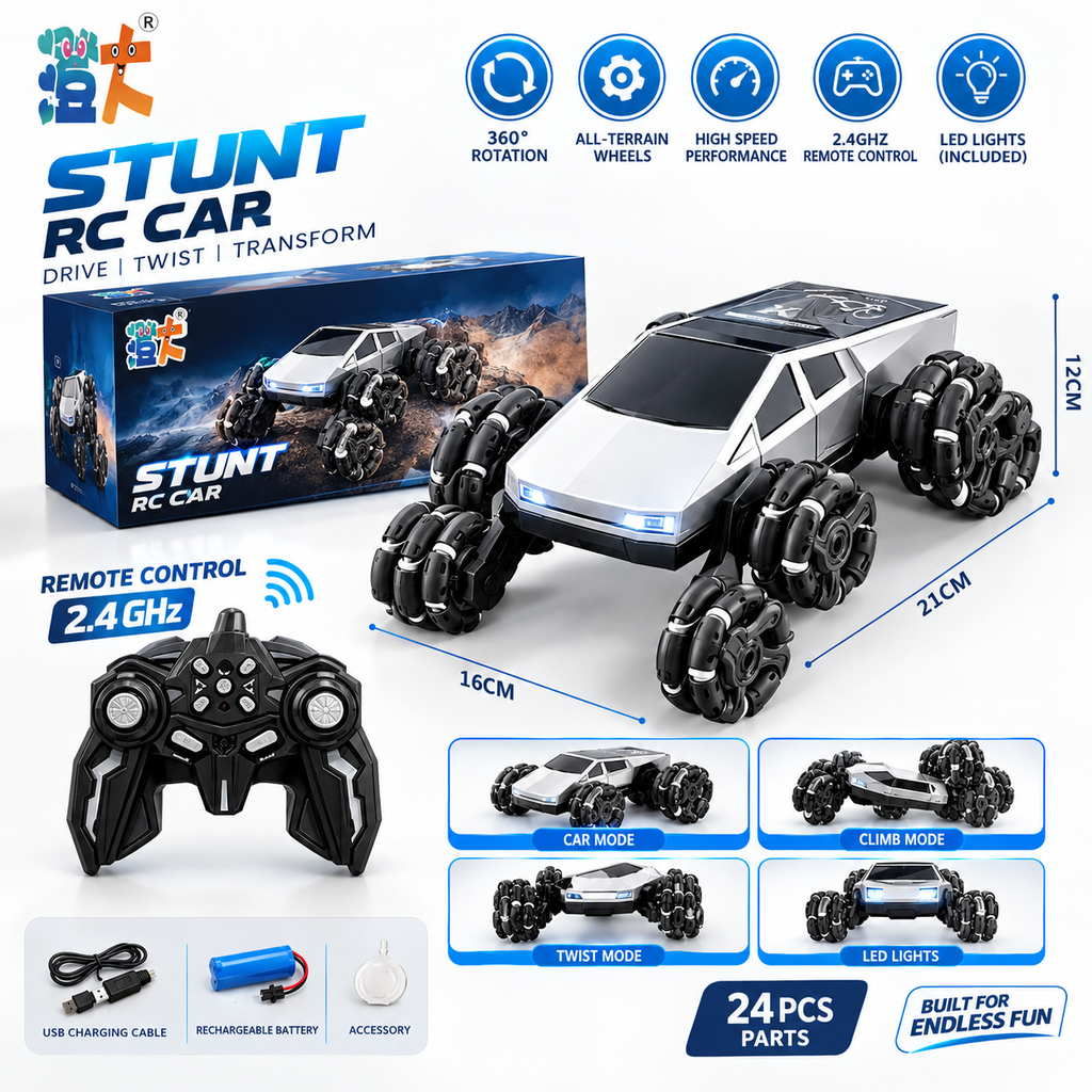 Stunt RC Car with 360° Spins, LED Lights & 2.4GHz Remote Control