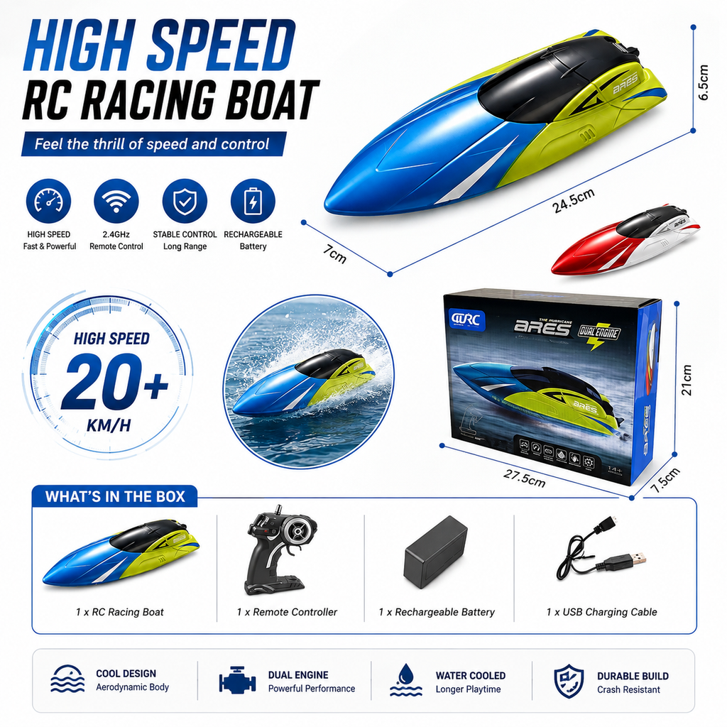 High-Speed RC Racing Boat 20+ KM/H | 2.4GHz Remote Control Water Toy