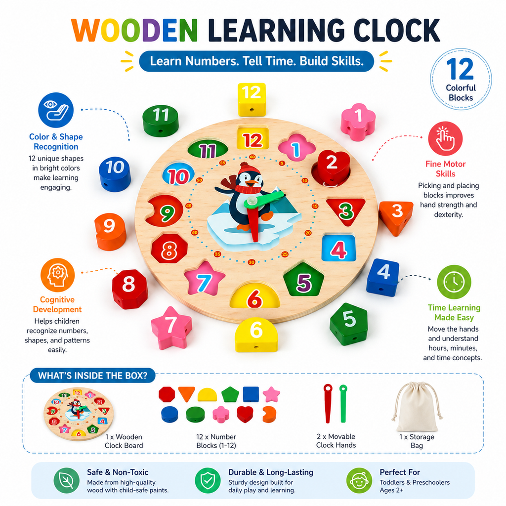 Wooden Learning Clock with Number & Shape Blocks