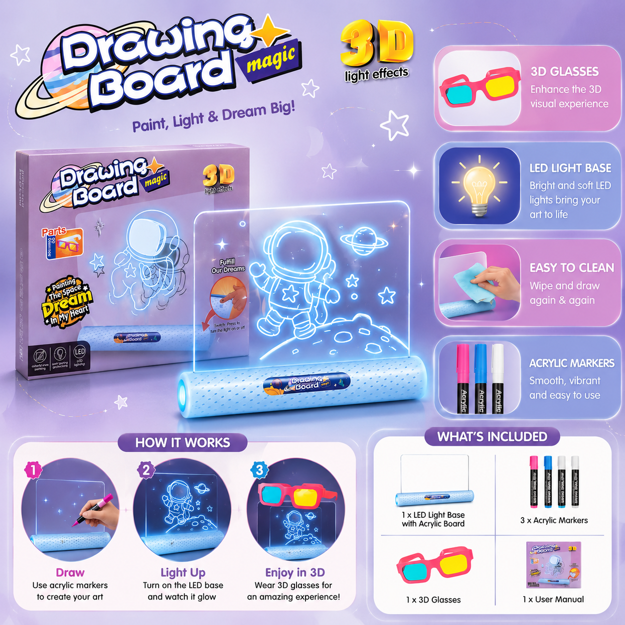 Drawing Board Magic 3D LED Light-Up Drawing Board for Kids
