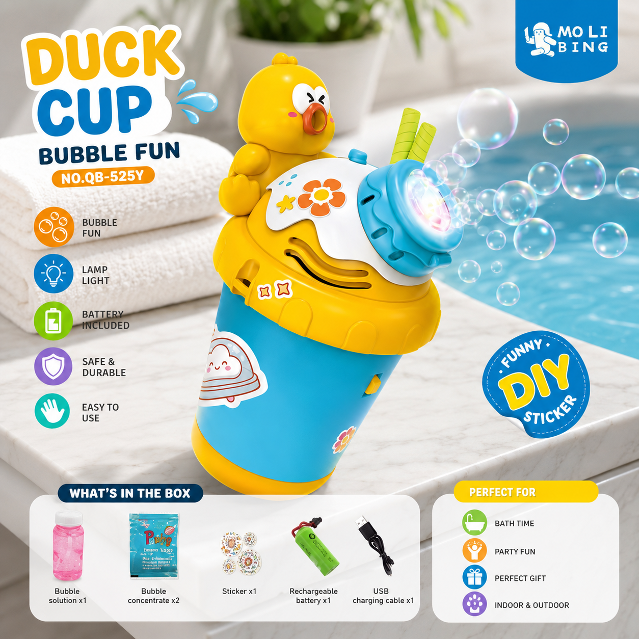 Duck Cup Automatic Bubble Blower Toy with LED Light & Rechargeable Battery