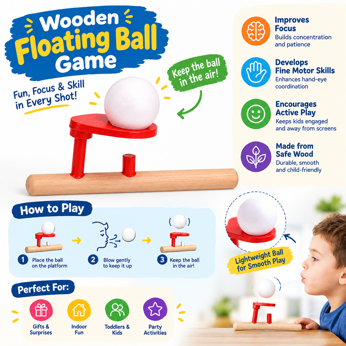 Wooden Floating Ball Game – Educational Montessori Toy