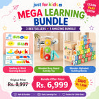 3 in 1 Wooden Learning Bundle – Spelling, Blocks & Activity Cube Set