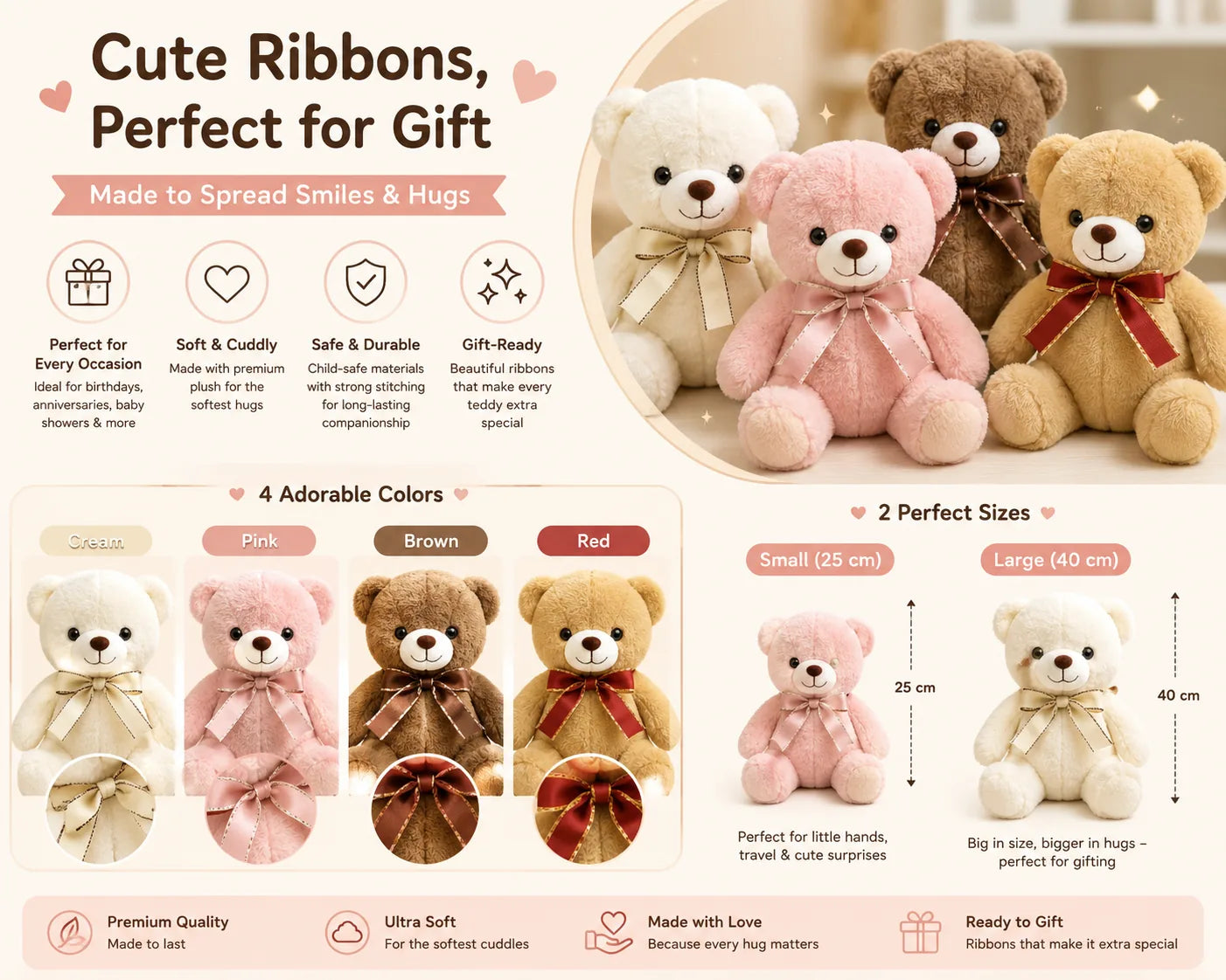 Classic Ribbon Teddy Bear Plush Toy - Premium Soft Stuffed Animal