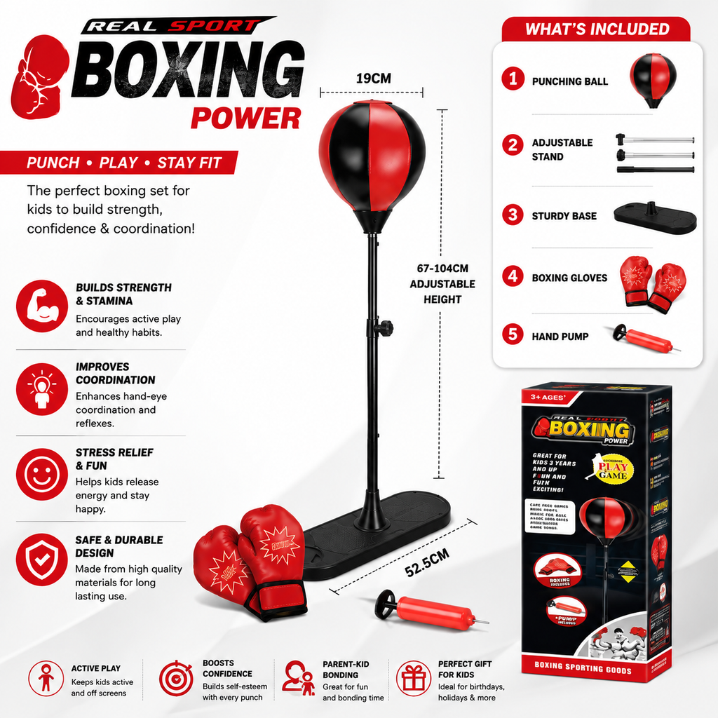 Kids Boxing Punching Ball Set – Adjustable Stand, Gloves & Pump