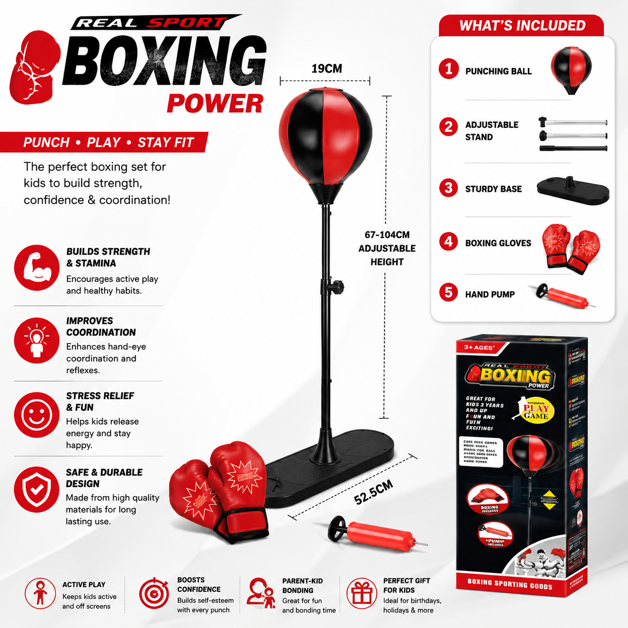 Kids Boxing Punching Ball Set – Adjustable Stand, Gloves & Pump
