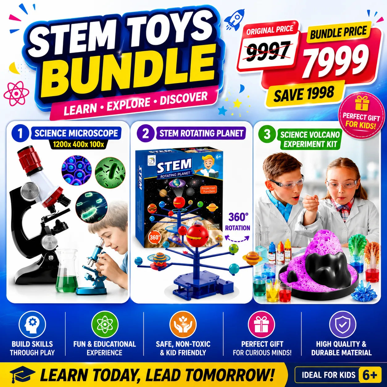 Science Explorer Bundle || 68 Experiment Kit - Kids MicroScope - Rotating Planets