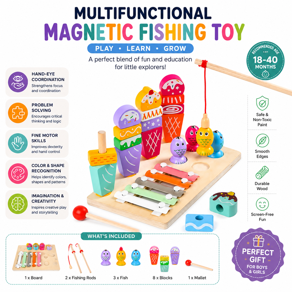 Wooden Multifunctional Magnetic Fishing Ice Cream Montessori Toy