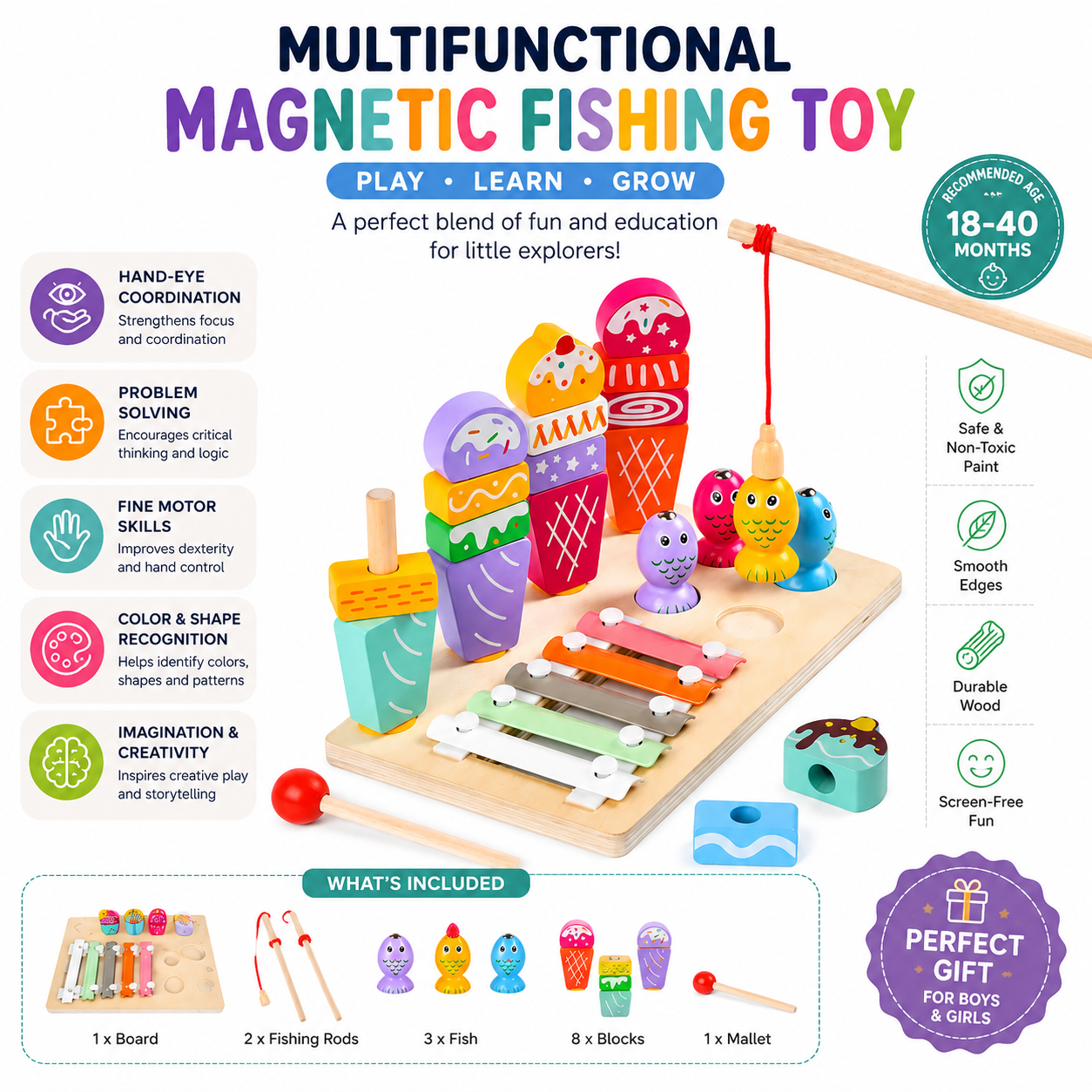 Wooden Multifunctional Magnetic Fishing Ice Cream Montessori Toy