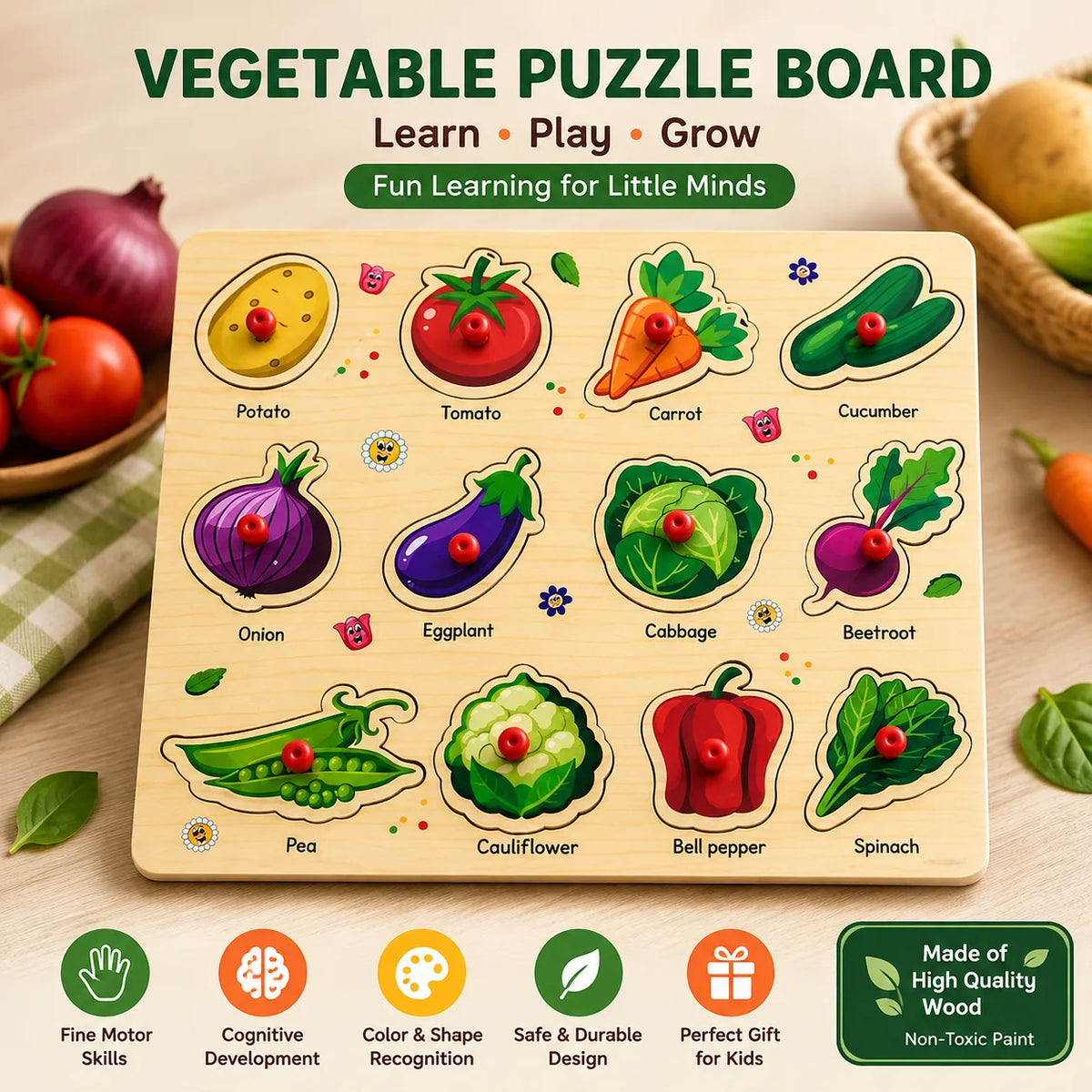 Wooden Animals, Transport & Vegetables Sorting Knob Board