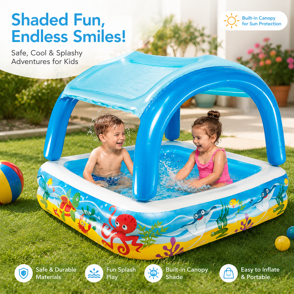 Inflatable Kiddie Pool with Sunshade Canopy