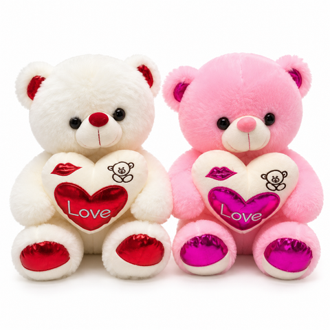 Love Heart Teddy Bear Plush – Pink & White