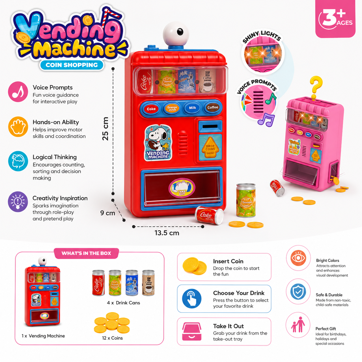Kids Vending Machine Toy with Coins & Mini Drink Cans