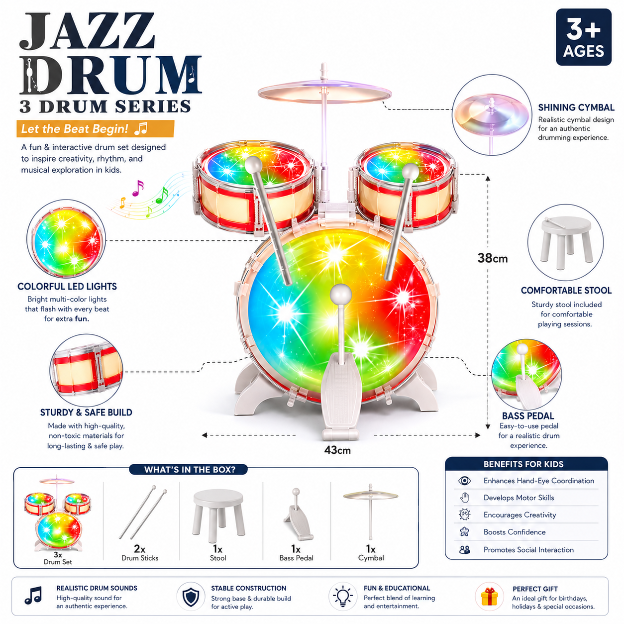 Jazz Drum 3-Piece Kids Drum Set with Lights & Sounds