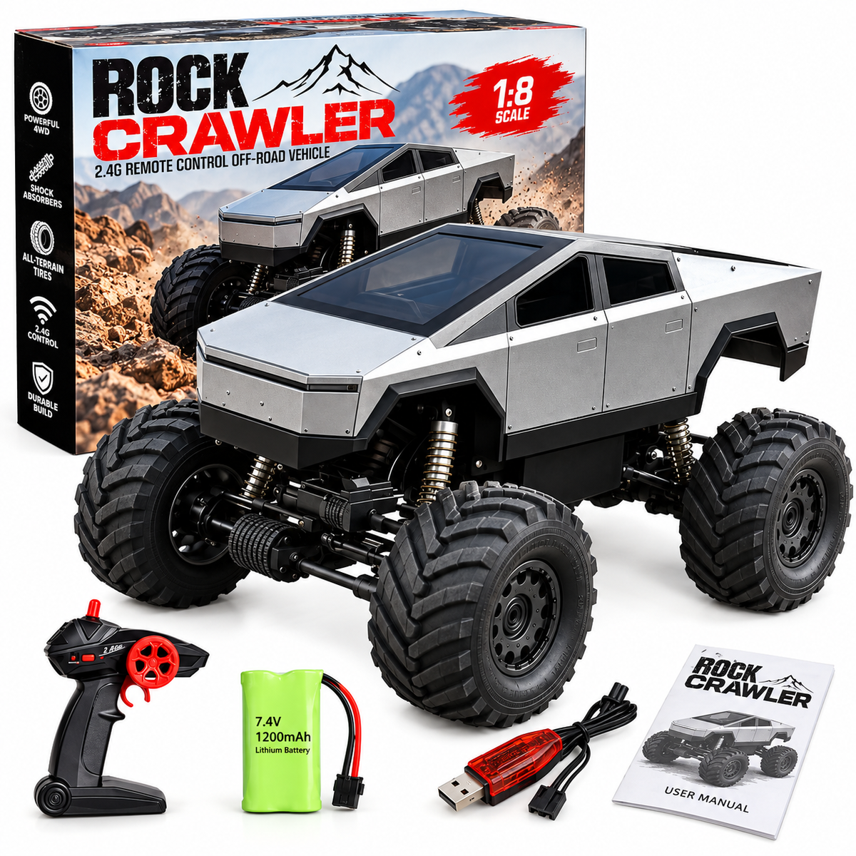 1:8 Rock Crawler 4WD RC Off-Road Truck with 2.4GHz Remote & Rechargeable Battery