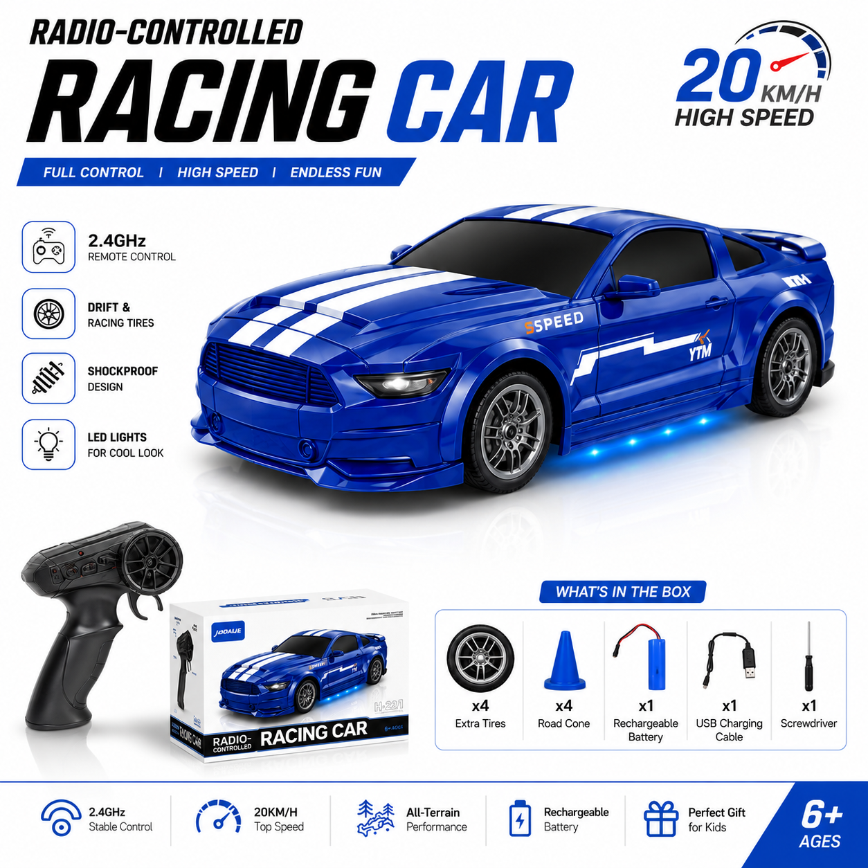 2.4GHz High-Speed RC Racing Car – 20KM/H Drift & LED Remote Control