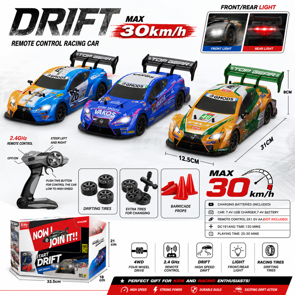 30KM/H RC Drift Racing Car – 4WD Remote Control