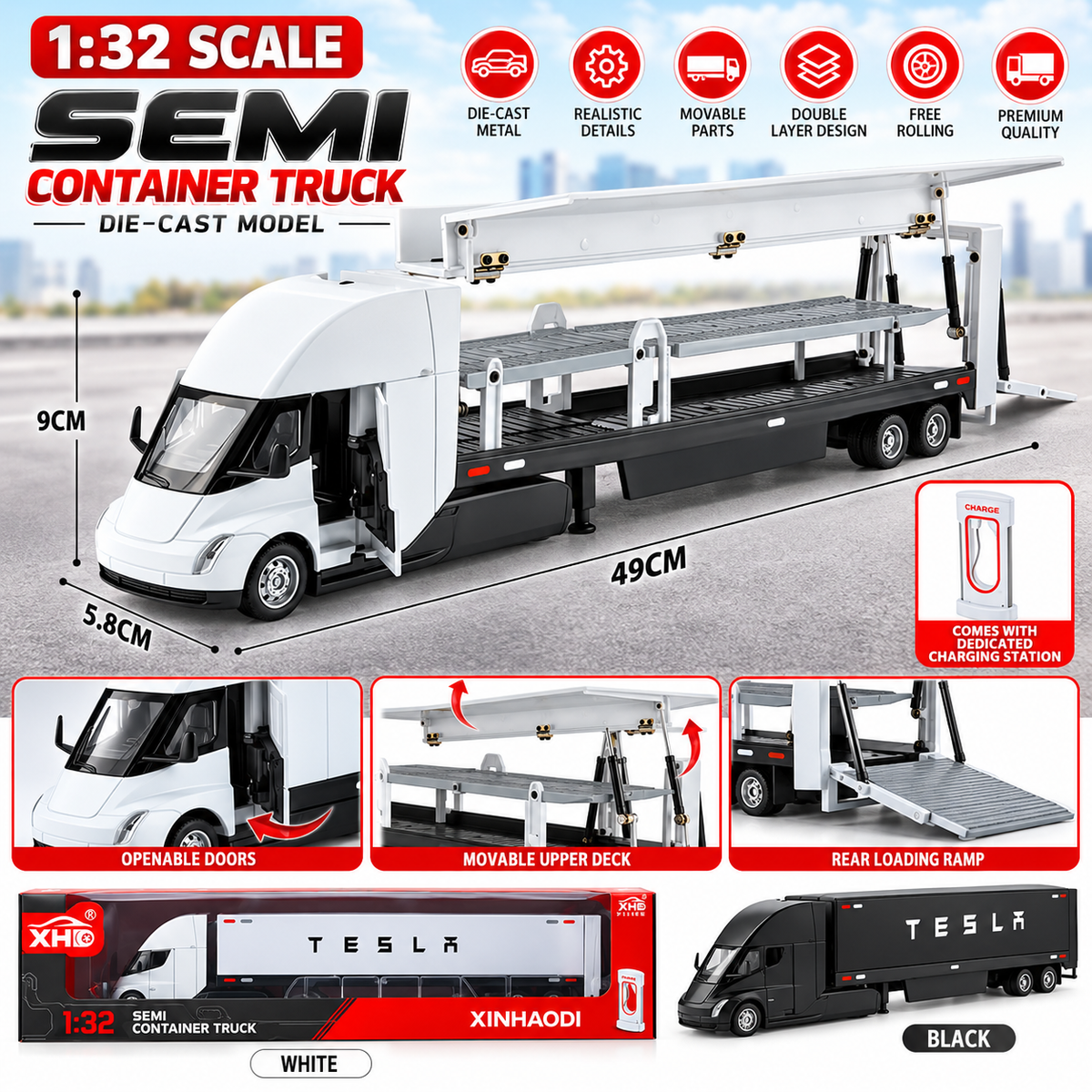 1:32 Tesla Semi Die-Cast Car Carrier Truck – Double Deck Transporter Toy