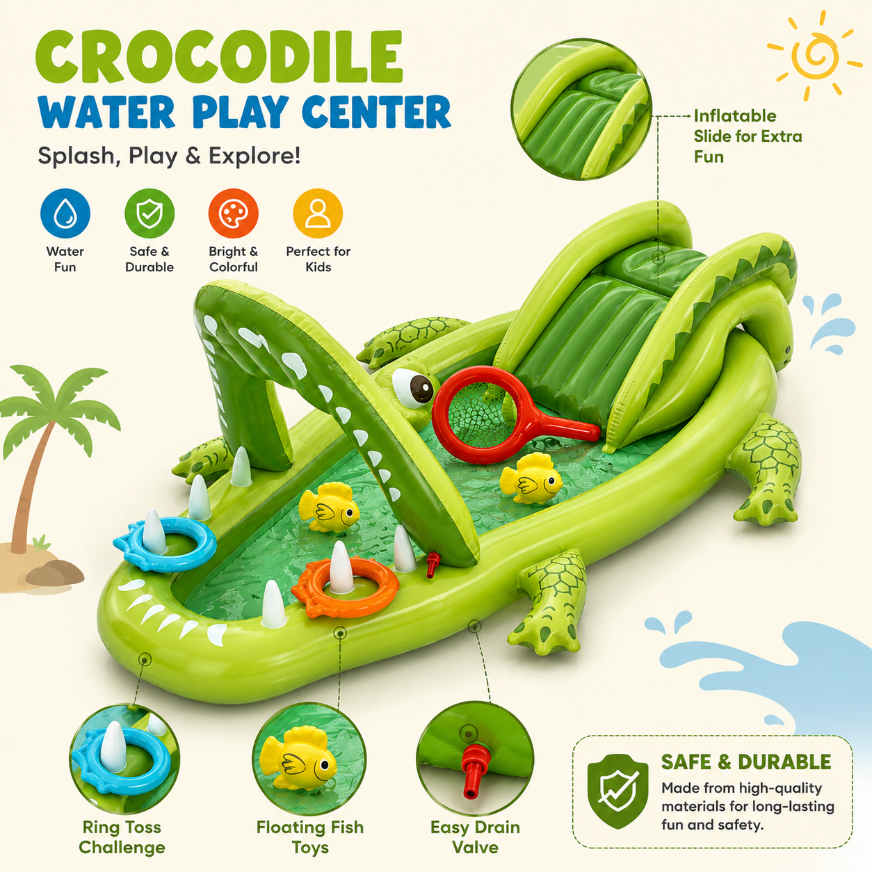 Inflatable Crocodile Water Play Center with Slide & Sprinkler 7'8" x 64" x 34"/2.34m x 1.63m x 87cm Later Gator Play Center