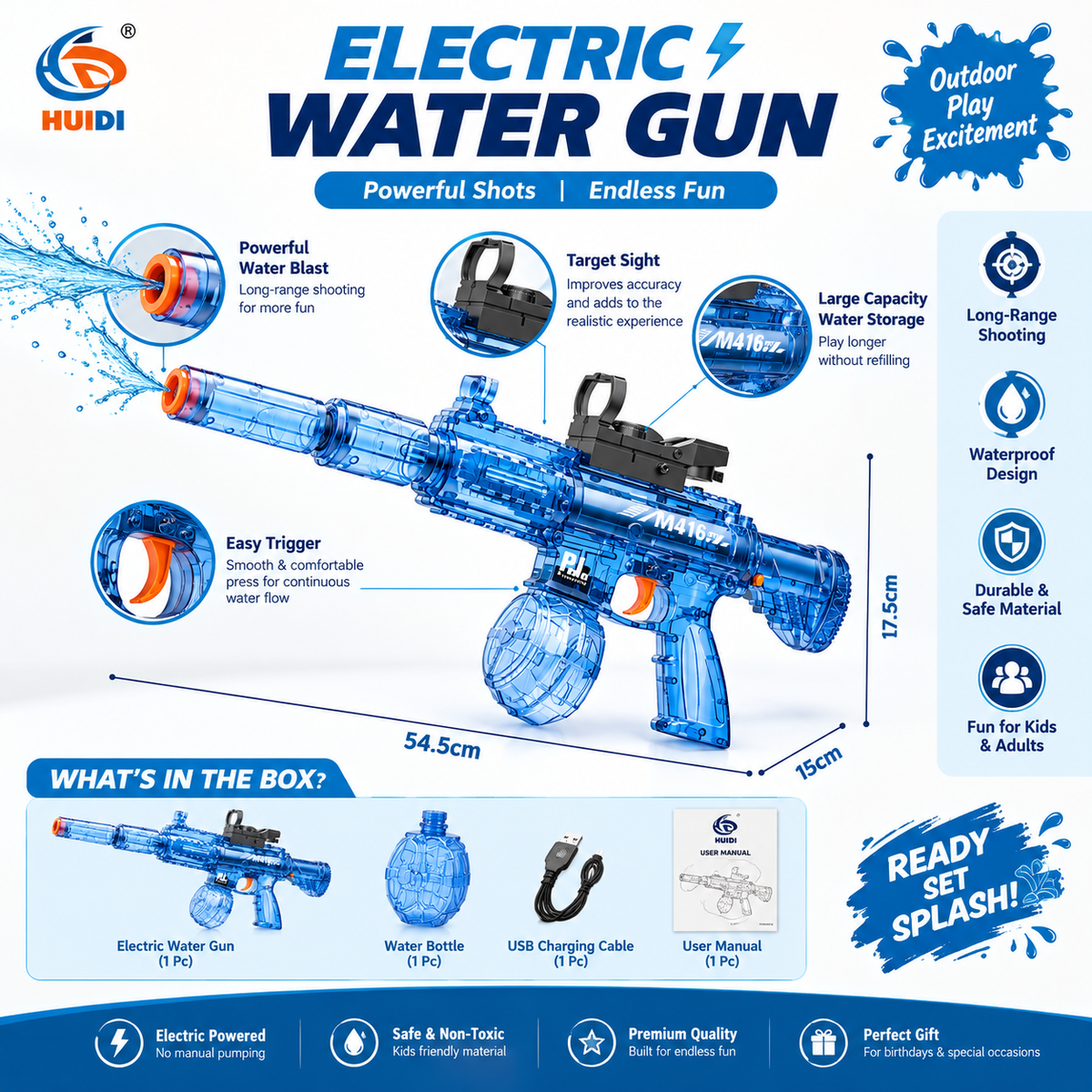 Electric M416 Water Gun for Kids – Rechargeable