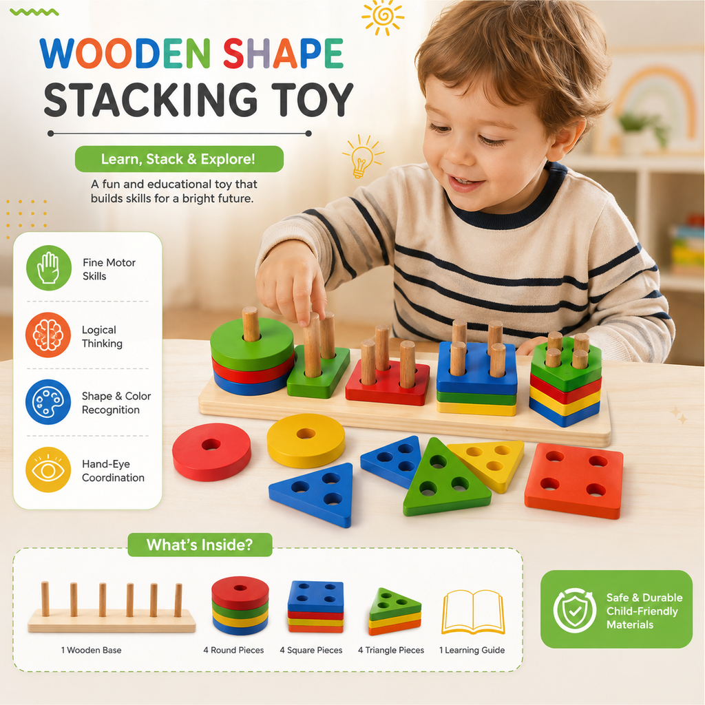 Wooden Shape Stacking - Montessori Educational Learning Toy