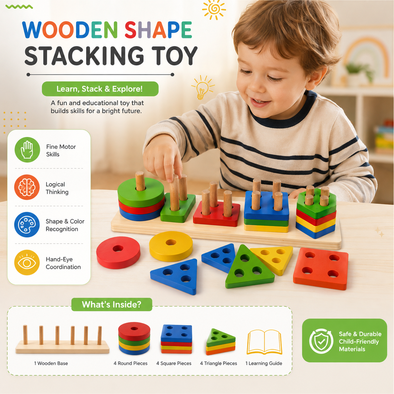 Wooden Shape Stacking - Montessori Educational Learning Toy
