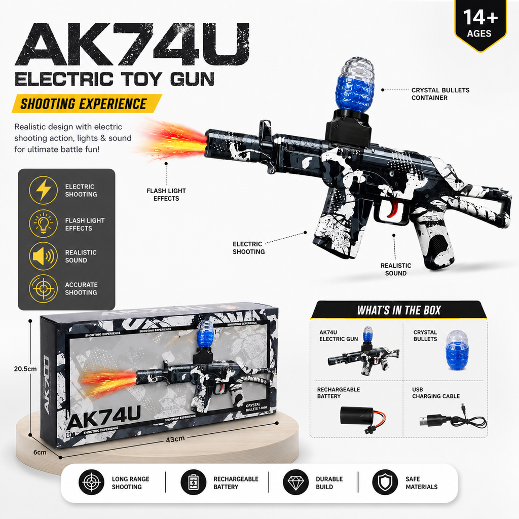 AK74U Electric Toy Gun with Lights, Sound & Crystal Bullets
