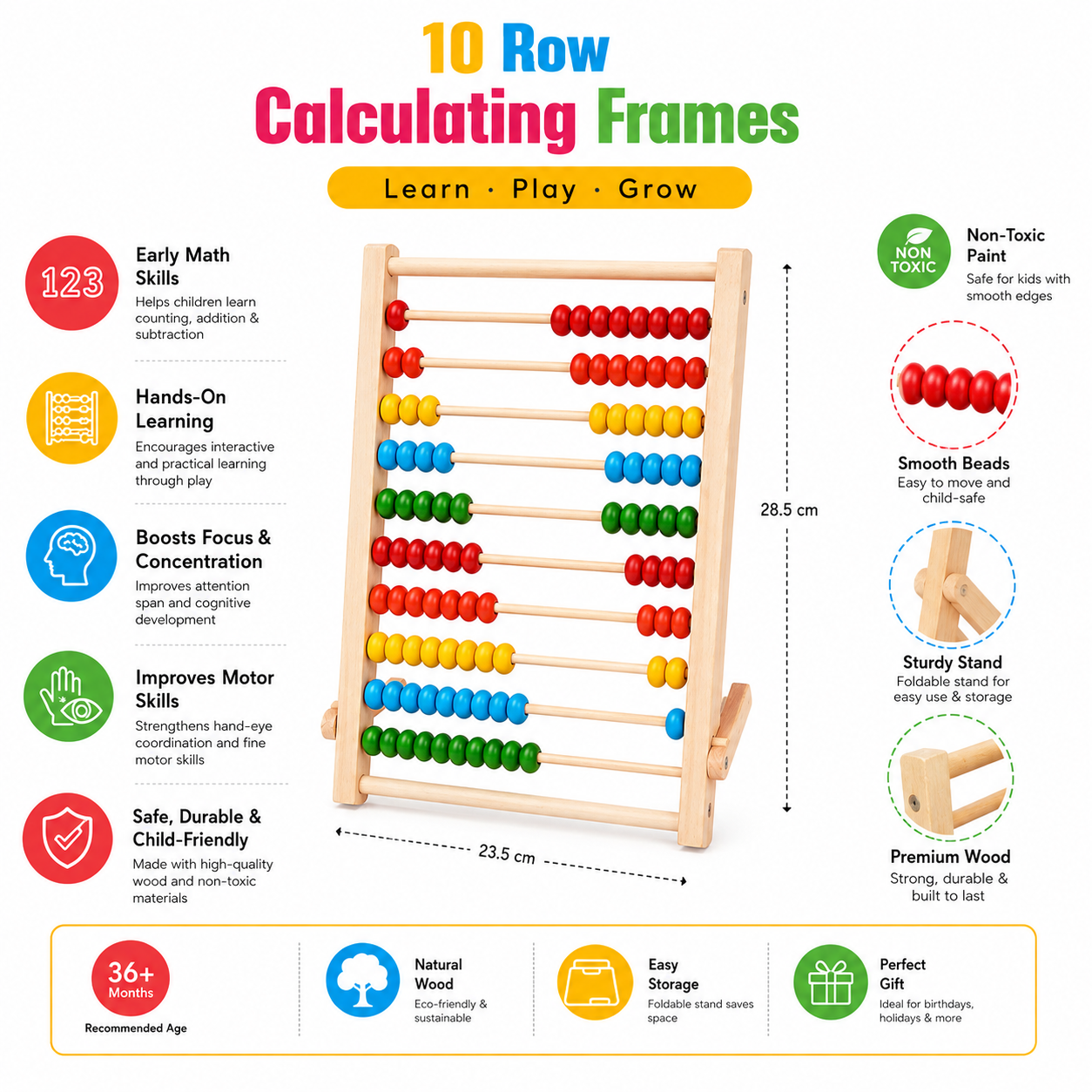 10-Row Wooden Calculating Frame Abacus