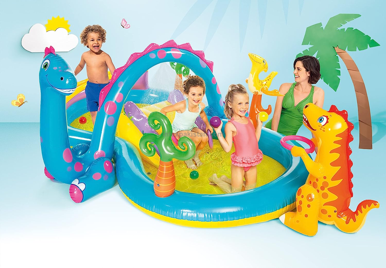 INTEX Dinosaur Inflatable Water Play Center with Slide & Sprayer - 333 cm × 229 cm × 112 cm