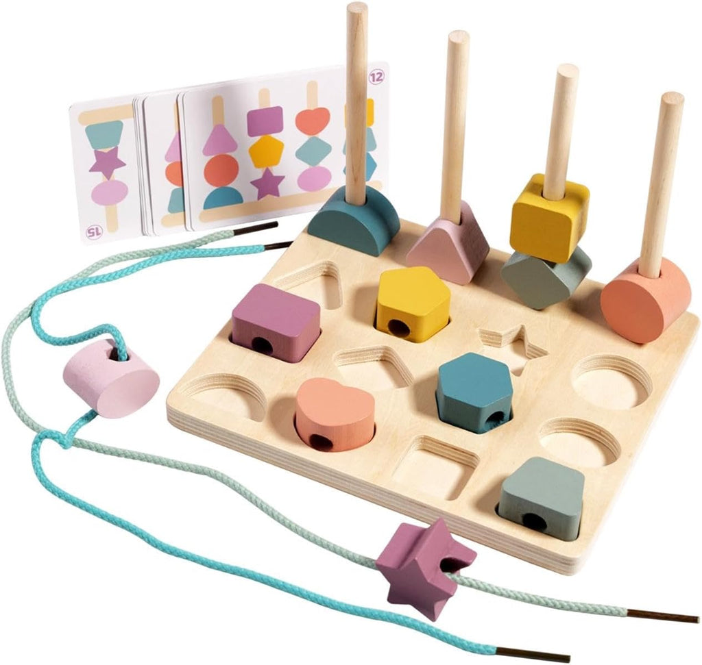 Wooden Montessori Shapes Stacking Sequence with Lacing - JustForKids