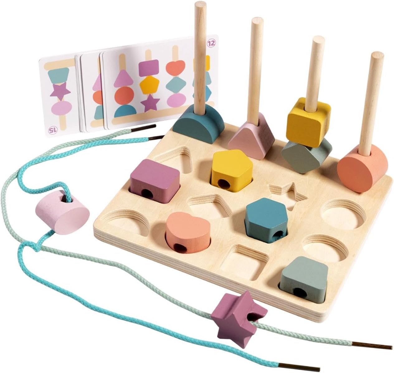 Wooden Montessori Shapes Stacking Sequence with Lacing - JustForKids