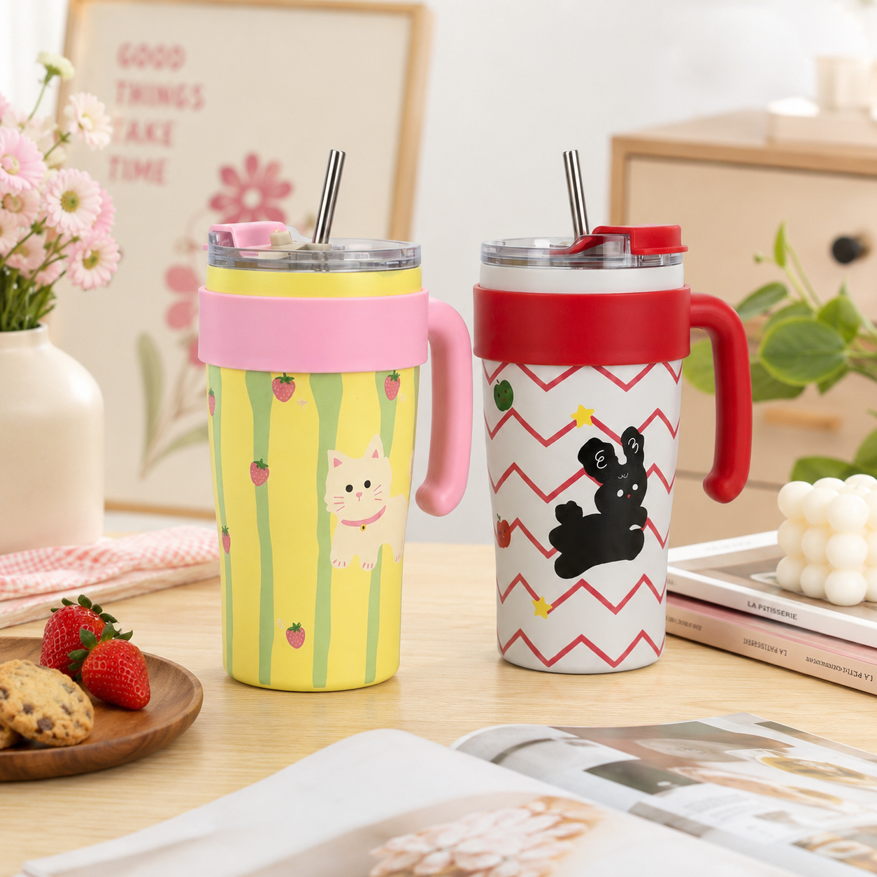 Cute Cartoon Insulated Travel Mug with Handle - Stainless Steel Straw