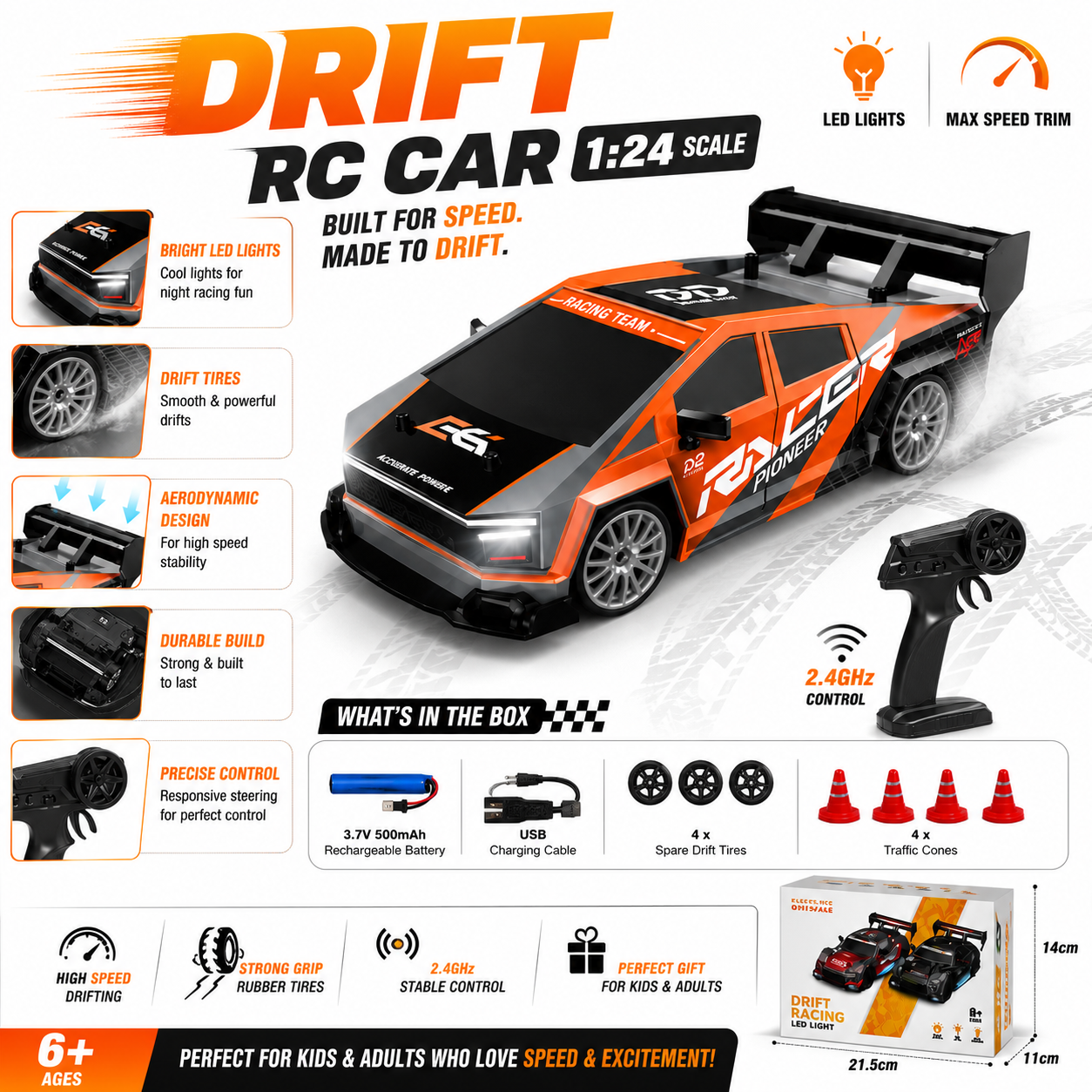 1:24 Drift RC Car with LED Lights & Remote Control