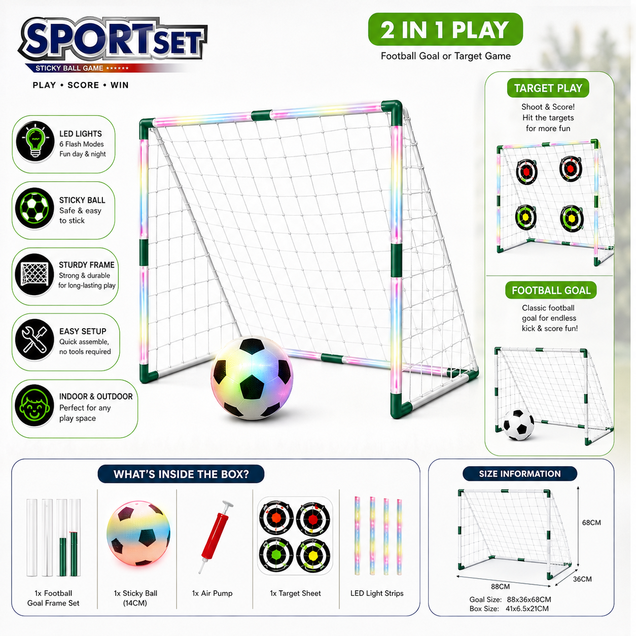 2-in-1 LED Football Goal Sticky Ball Game Set for Kids