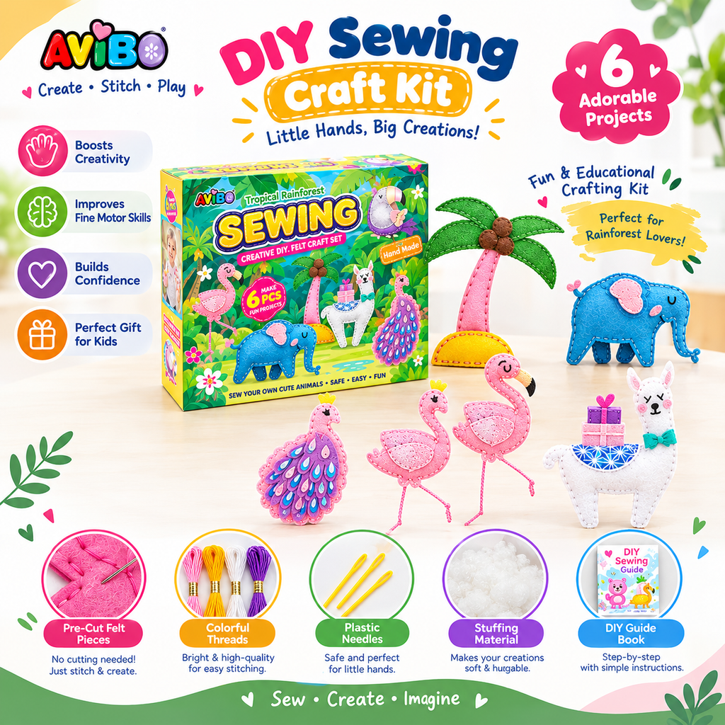 AVIBO DIY Sewing Craft Kit – 6-Piece Felt Animal & Tropical Rainforest Projects