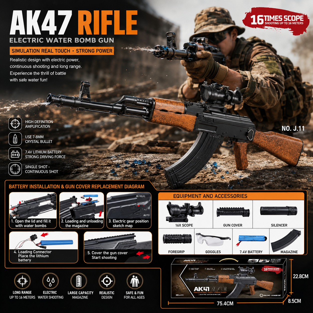 AK47 Electric Water Gel Blaster Gun with Scope & Accessories