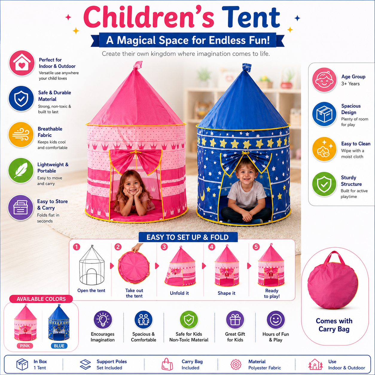 Kids Pop-Up Play Tent House Indoor & Outdoor Children's Tent