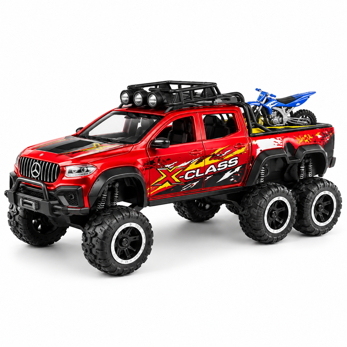 Mercedes X-Class 6x6 Die-Cast Alloy Monster Truck with Sports Bike – 1:28 Scale