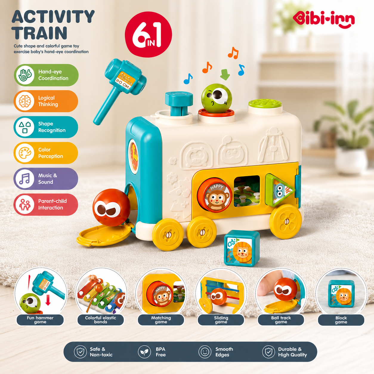 6-in-1 Activity Train Baby Learning Toy with Hammer & Matching Games