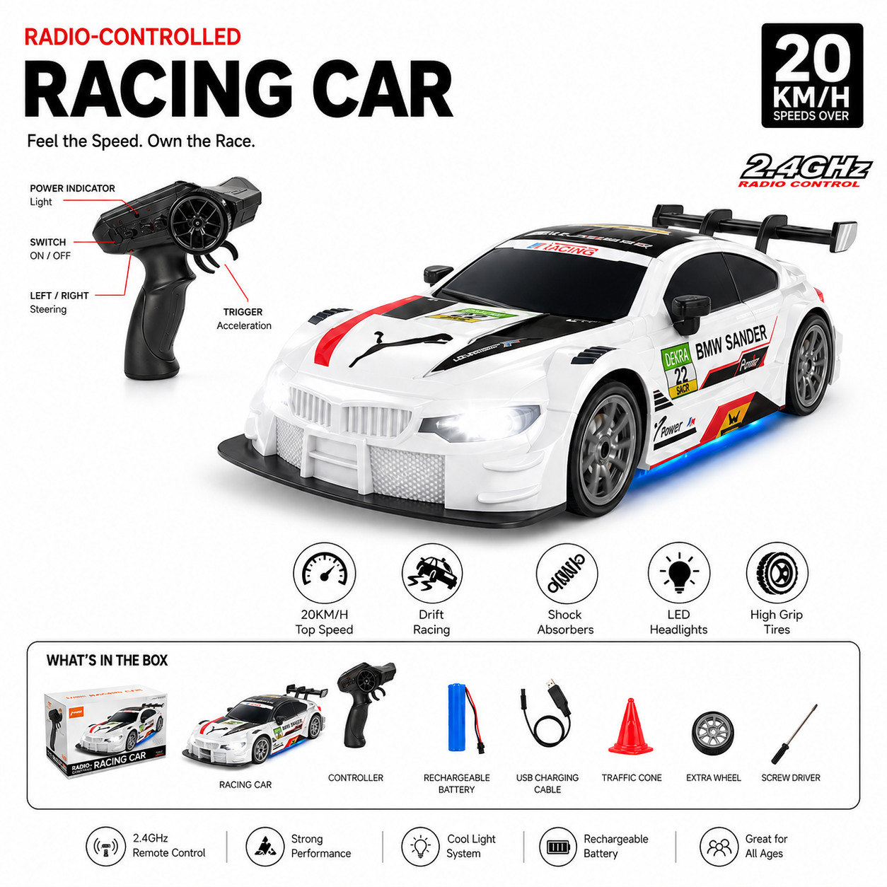 2.4GHz RC Racing Car – 20KM/H Drift Remote Control Car with LED Lights